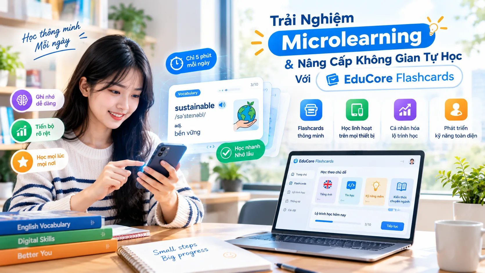 Trải Nghiệm Microlearning & Không Gian Tự Học Với Flashcards